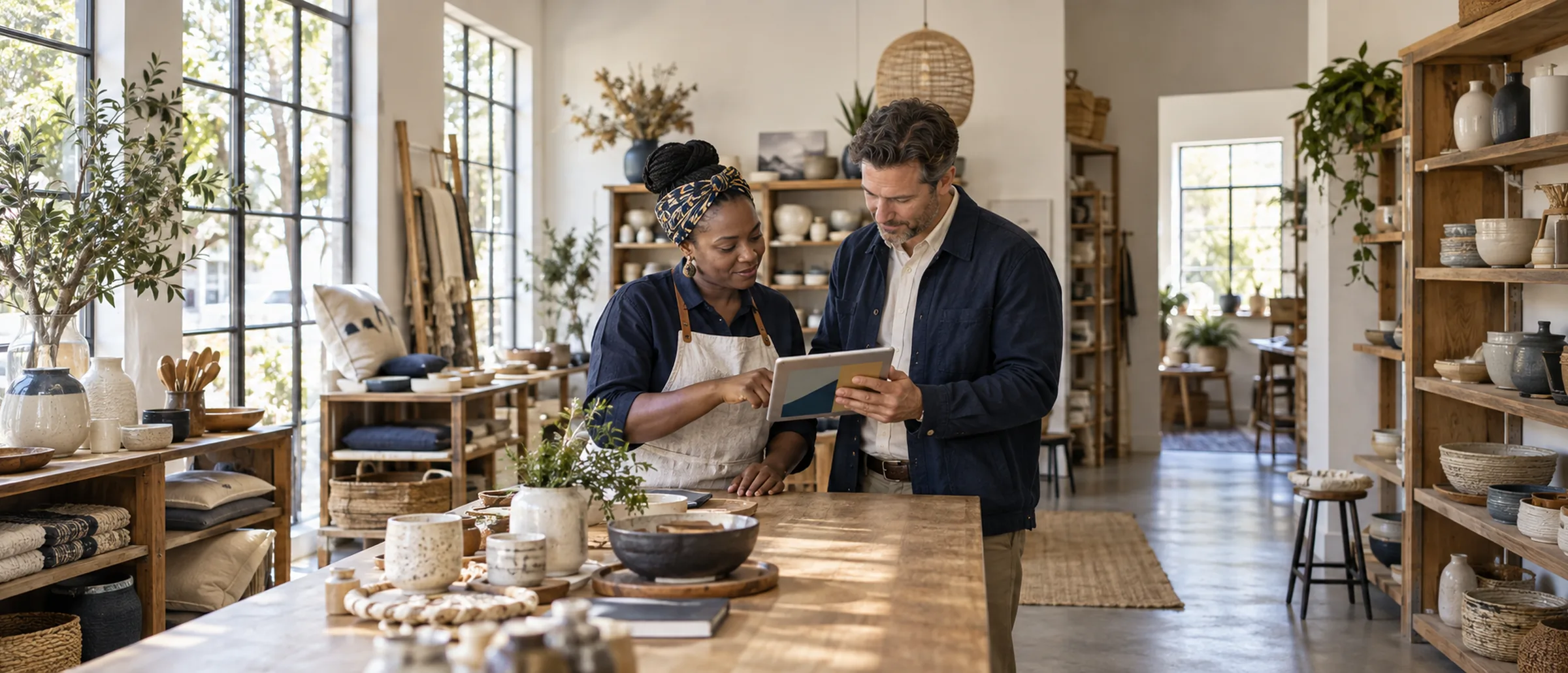 A business owner and an adviser talking in a shop