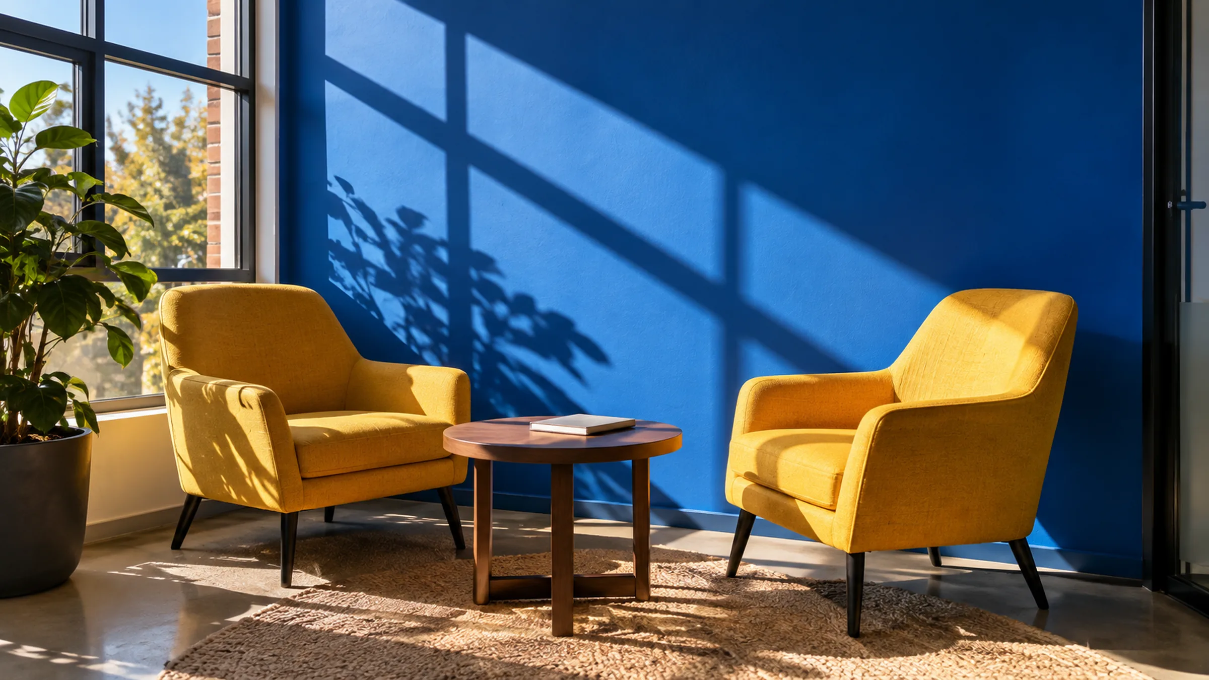 A bright sitting area with two yellow armchairs against a blue wall