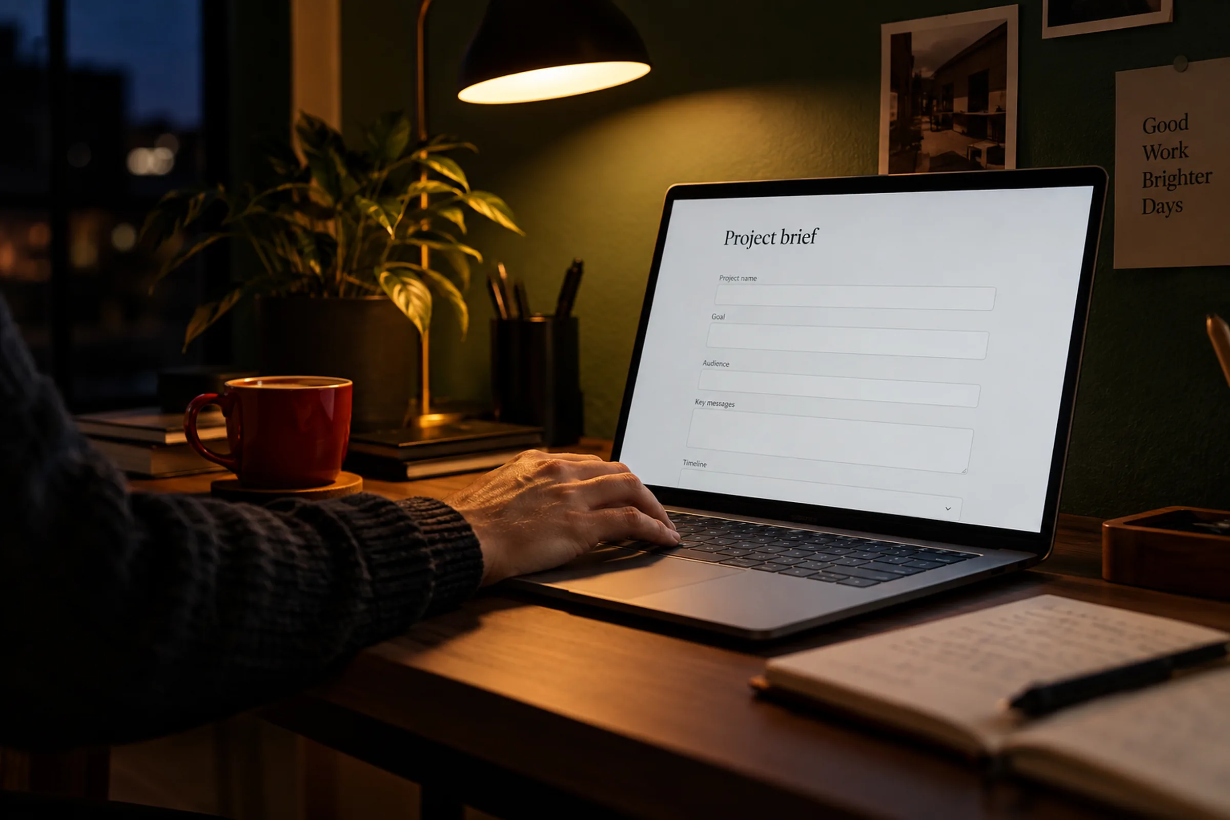 A laptop on a desk showing a form in the evening light
