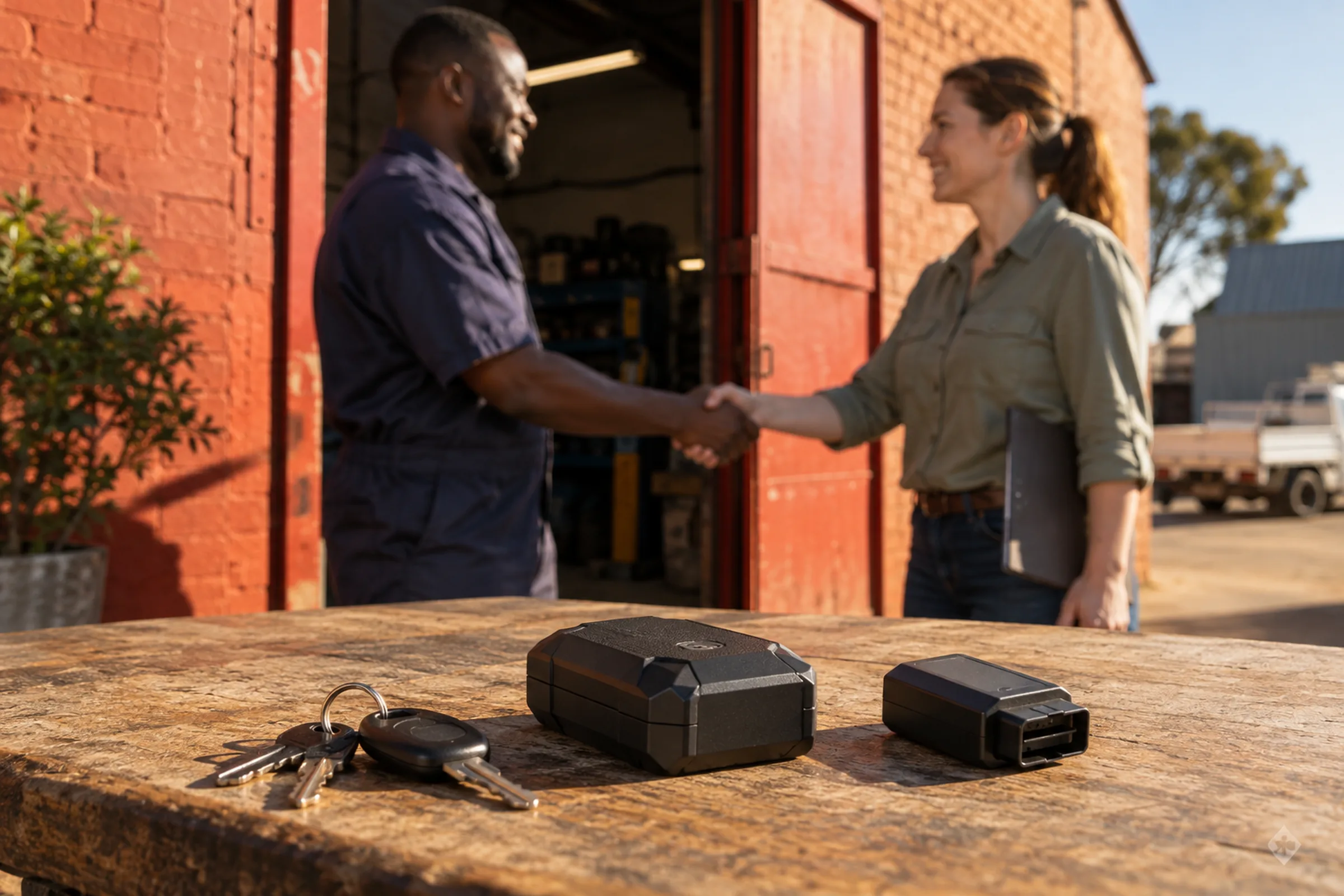 Two people shaking hands outside a workshop, with equipment and keys on a table