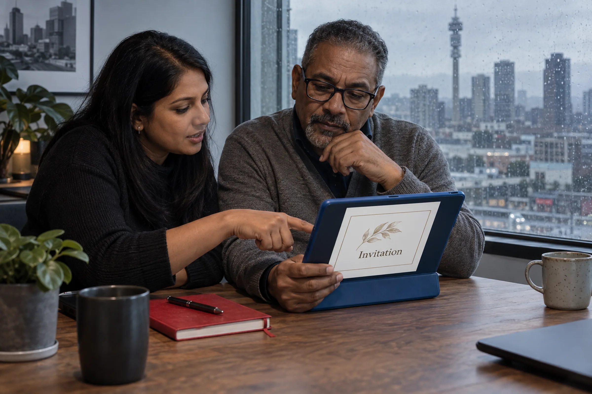 Two people reviewing information together on a tablet