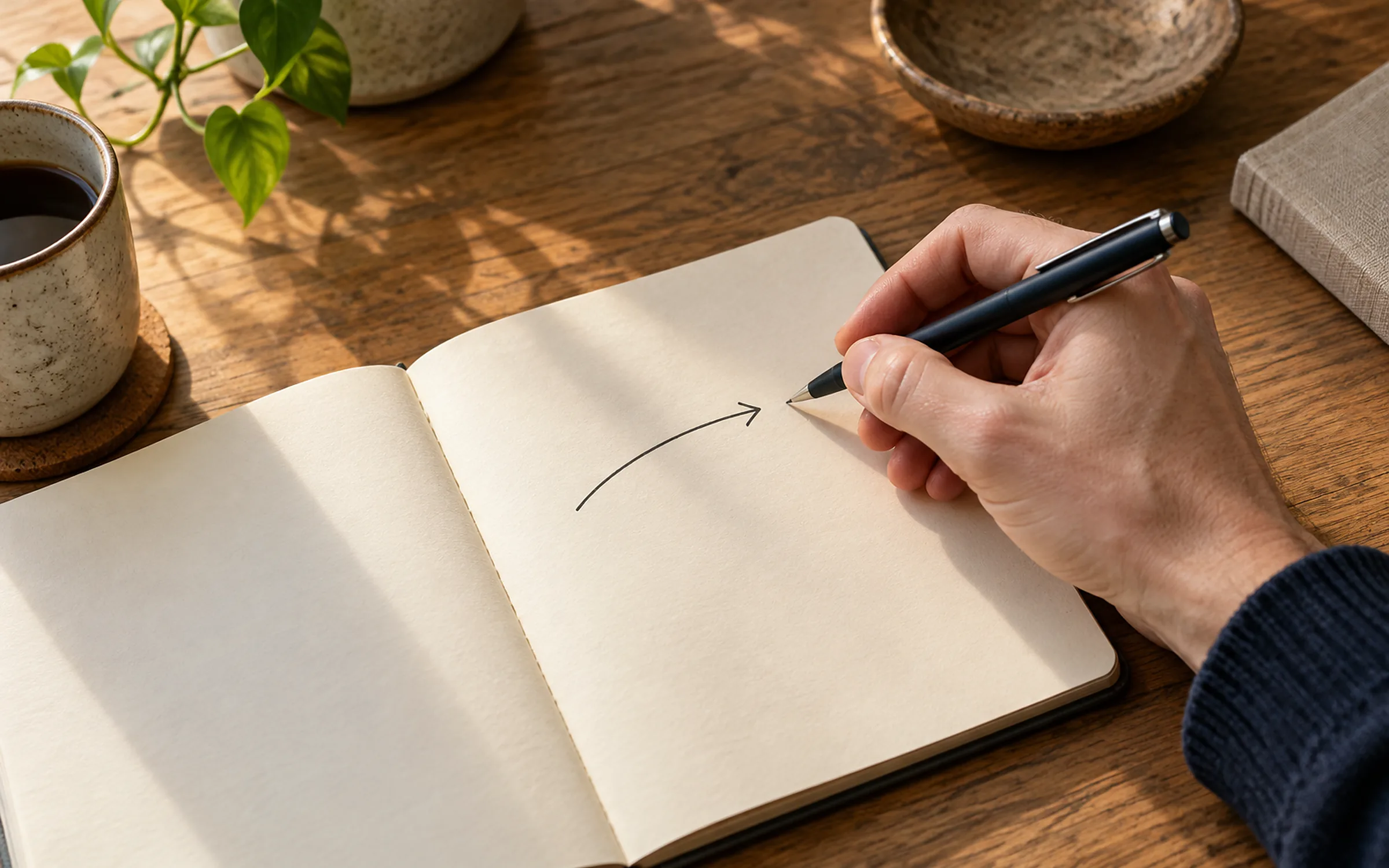 A hand writing in an open notebook beside a cup of coffee